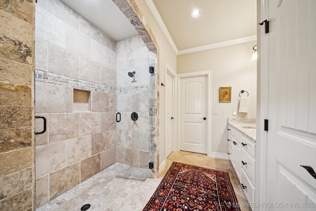 13234 S 68th E Ave, Bixby, OK 74008 - full bathroom featuring ornamental molding, vanity, a shower stall, recessed lighting, and tile patterned flooring