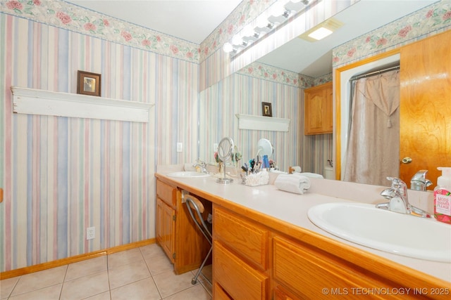 162 Dolittle Ln, Mcalester, OK 74501 - full bath with double vanity, tile patterned flooring, toilet, and wallpapered walls