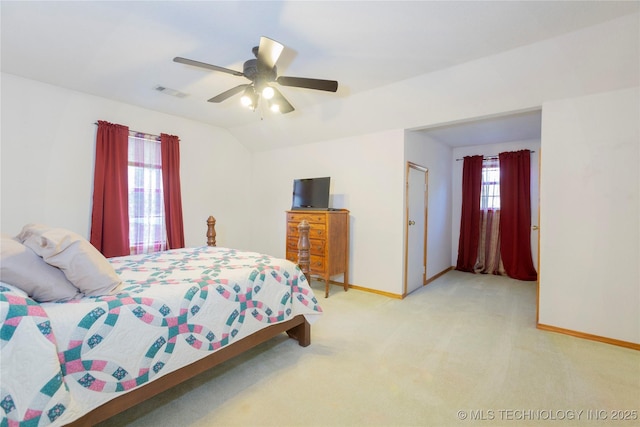 162 Dolittle Ln, Mcalester, OK 74501 - bedroom with light colored carpet, baseboards, a ceiling fan, and lofted ceiling