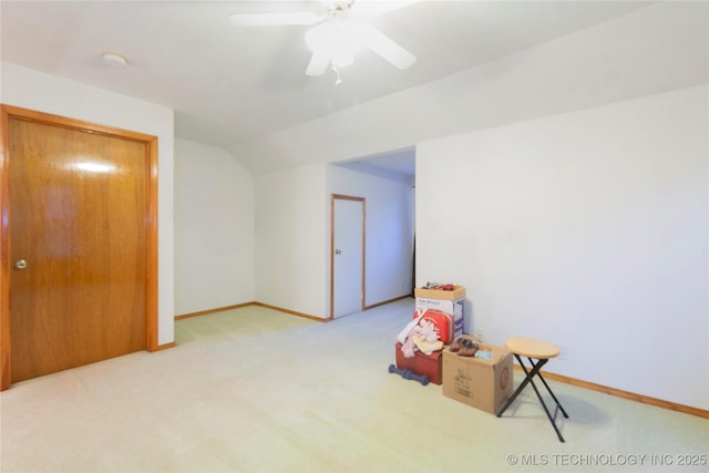 162 Dolittle Ln, Mcalester, OK 74501 - recreation room featuring carpet flooring, a ceiling fan, baseboards, and lofted ceiling