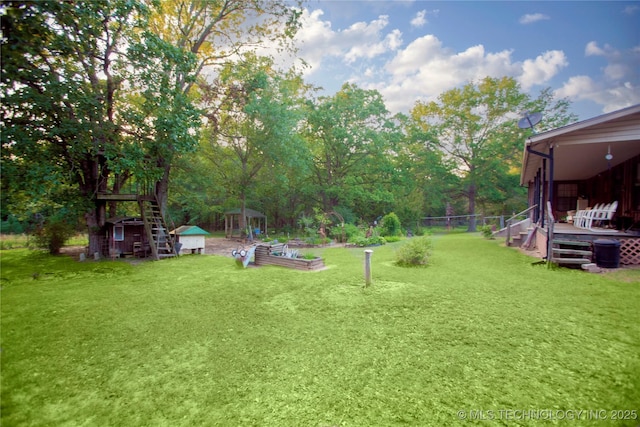 162 Dolittle Ln, Mcalester, OK 74501 - view of green lawn featuring an outdoor structure and stairs