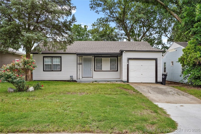 7128 E 5th Pl, Tulsa, OK 74112 - view of front of house with concrete driveway, a garage, a front yard, a porch, and roof with shingles