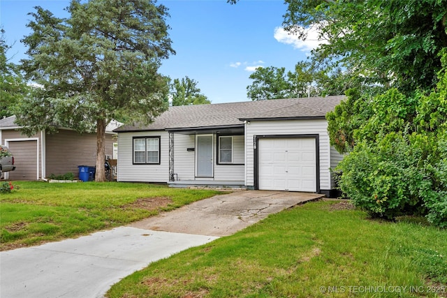 7128 E 5th Pl, Tulsa, OK 74112 - view of front facade with an attached garage, a front lawn, driveway, covered porch, and roof with shingles
