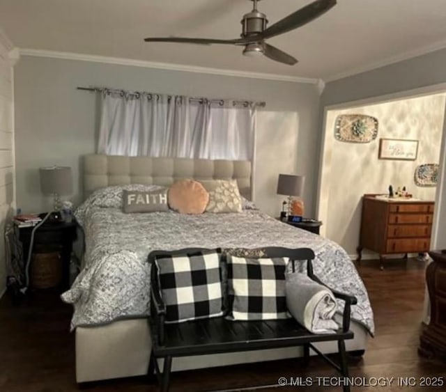 5616 Stonecreek, Durant, OK 74701 - bedroom with dark wood finished floors, crown molding, and ceiling fan