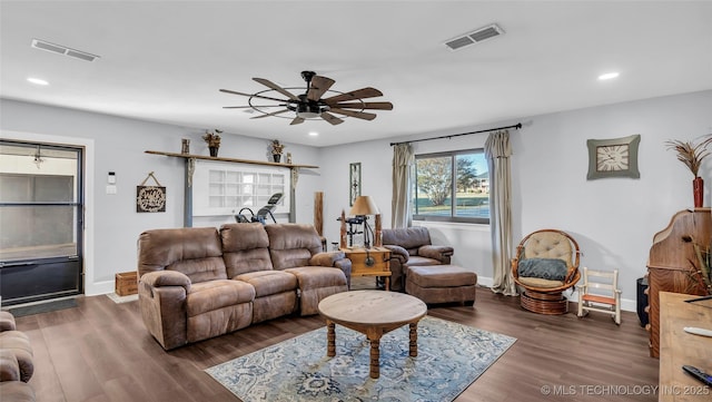 6063 Wilson, Durant, OK 74701 - living area with a ceiling fan, wood finished floors, recessed lighting, and baseboards