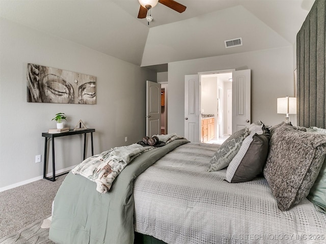 6400 E Galveston St, Broken Arrow, OK 74014 - bedroom featuring carpet flooring, vaulted ceiling, ensuite bath, ceiling fan, and baseboards