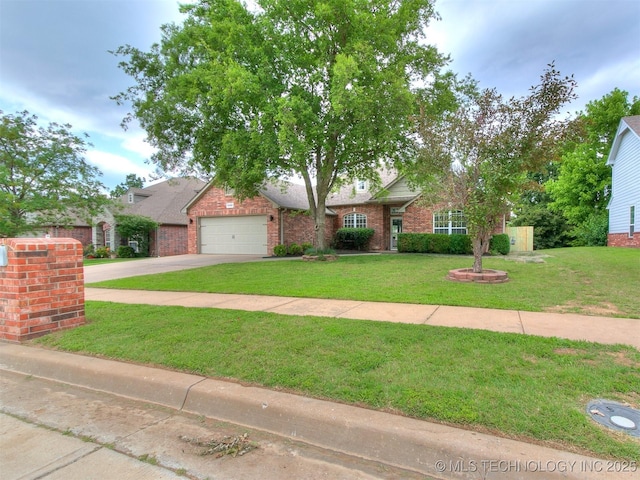 6400 E Galveston St, Broken Arrow, OK 74014 - obstructed view of property featuring brick siding, concrete driveway, a front lawn, and an attached garage