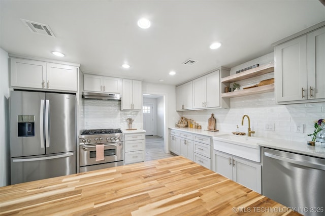 11860 N 68th W Ave, Sperry, OK 74073 - kitchen with appliances with stainless steel finishes, under cabinet range hood, open shelves, tasteful backsplash, and a sink