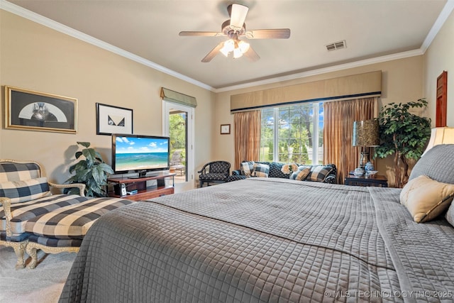 5070 Lake Breeze Rd, Grove, OK 74344 - carpeted bedroom with ornamental molding and ceiling fan