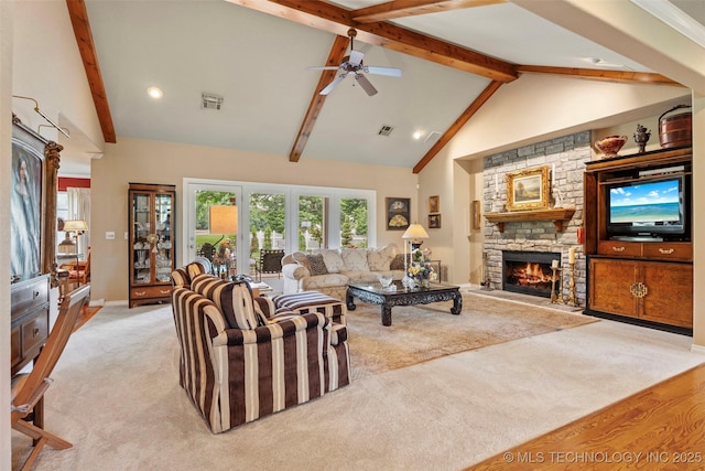 5070 Lake Breeze Rd, Grove, OK 74344 - living area featuring light colored carpet, a fireplace, beam ceiling, high vaulted ceiling, and a ceiling fan