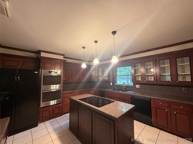 1808 N Woodland, Drumright, OK 74030 - kitchen featuring black appliances, a sink, light tile patterned flooring, ornamental molding, and decorative light fixtures