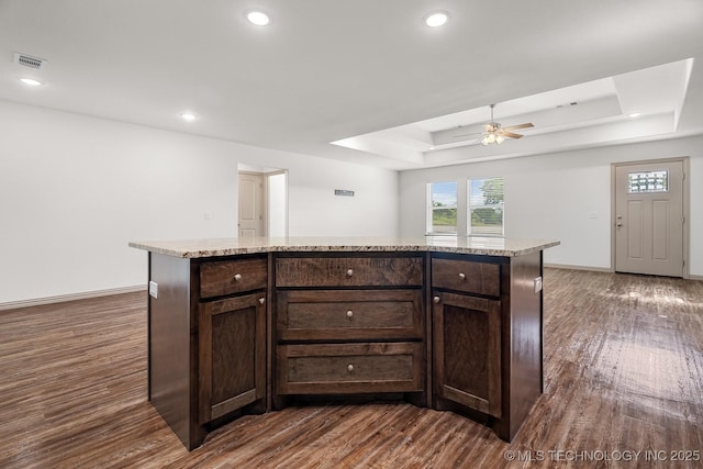 3923 Bryan Rd, Durant, OK 74701 - kitchen with dark wood-style floors, a tray ceiling, dark brown cabinets, and recessed lighting