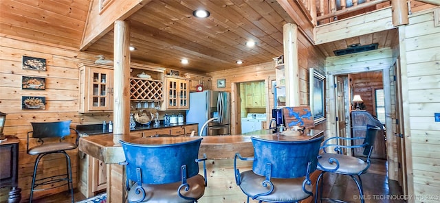 116433 S 4210th Rd, Eufaula, OK 74432 - bar featuring wood walls, stainless steel fridge with ice dispenser, wood ceiling, recessed lighting, and wood finished floors