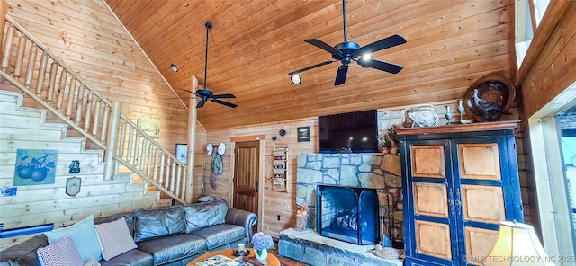 116433 S 4210th Rd, Eufaula, OK 74432 - living room featuring wooden ceiling, ceiling fan, wooden walls, stairway, and high vaulted ceiling