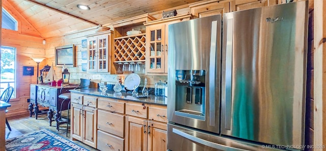 116433 S 4210th Rd, Eufaula, OK 74432 - kitchen featuring stainless steel fridge, wood ceiling, wood finished floors, lofted ceiling, and glass insert cabinets