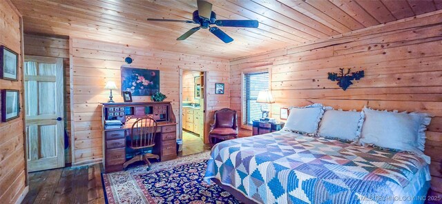 116433 S 4210th Rd, Eufaula, OK 74432 - bedroom featuring wood ceiling, wood-type flooring, wooden walls, and ceiling fan