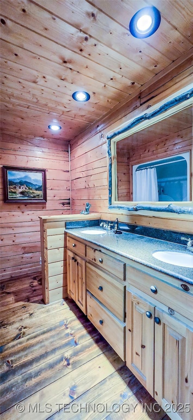 116433 S 4210th Rd, Eufaula, OK 74432 - bathroom featuring wood ceiling, double vanity, hardwood / wood-style flooring, wood walls, and recessed lighting