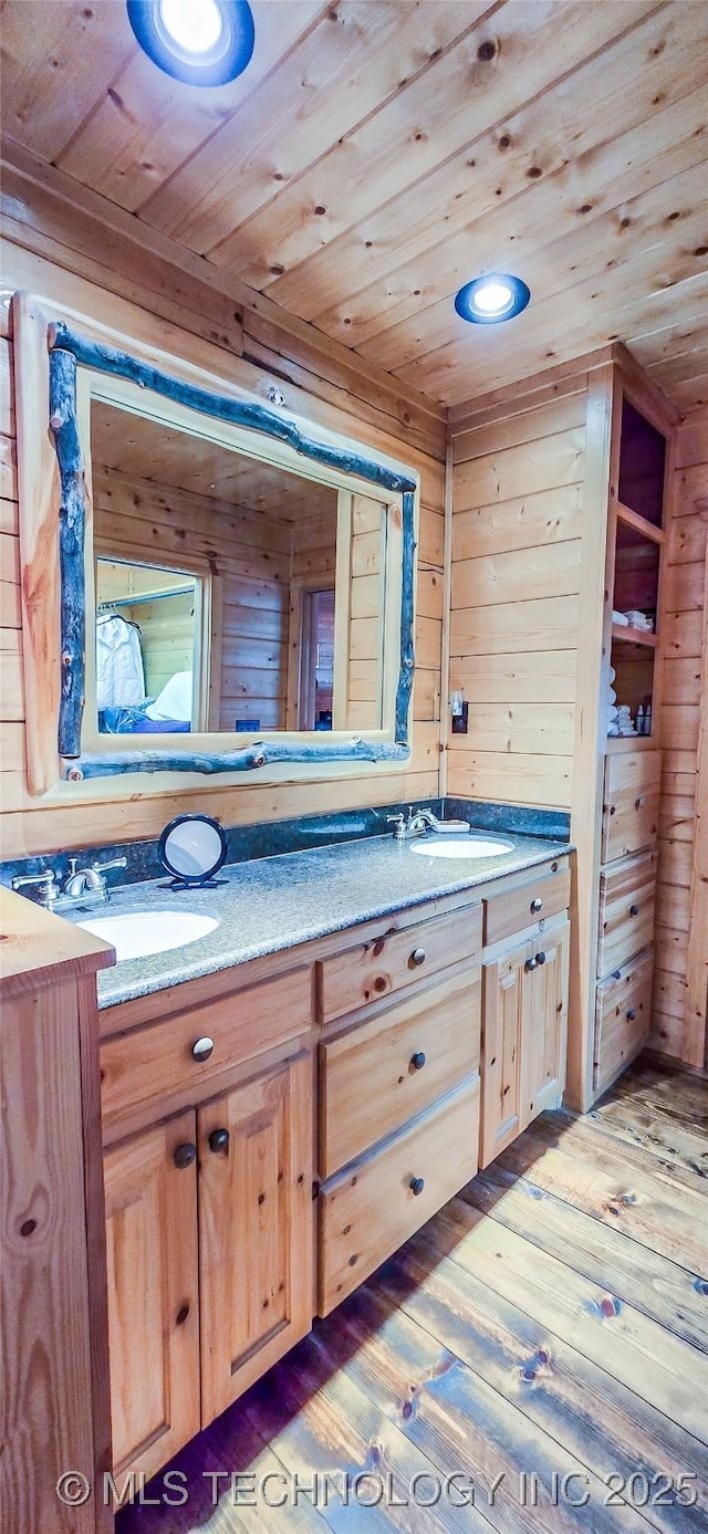 116433 S 4210th Rd, Eufaula, OK 74432 - bathroom with wood ceiling, double vanity, and hardwood / wood-style floors