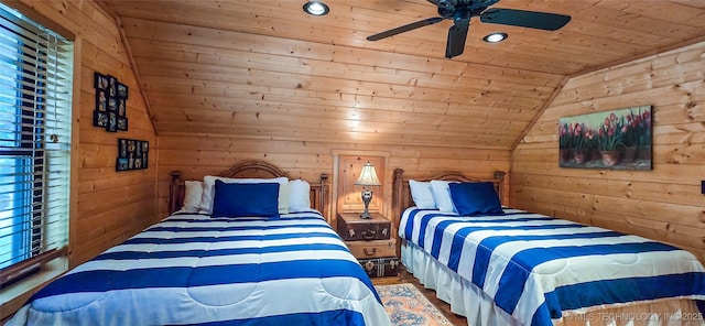 116433 S 4210th Rd, Eufaula, OK 74432 - bedroom featuring vaulted ceiling, wood ceiling, wooden walls, recessed lighting, and ceiling fan