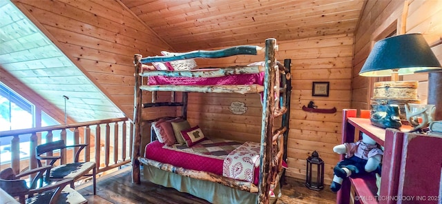 116433 S 4210th Rd, Eufaula, OK 74432 - bedroom featuring wood walls, hardwood / wood-style flooring, vaulted ceiling, and wooden ceiling