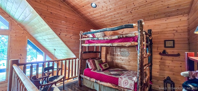 116433 S 4210th Rd, Eufaula, OK 74432 - bedroom with vaulted ceiling, wood walls, wood finished floors, and wooden ceiling