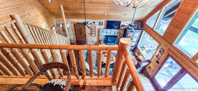 116433 S 4210th Rd, Eufaula, OK 74432 - stairway featuring wooden ceiling, plenty of natural light, ceiling fan, and wooden walls