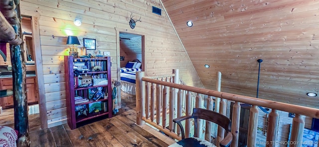 116433 S 4210th Rd, Eufaula, OK 74432 - hall with an upstairs landing, hardwood / wood-style floors, wood walls, lofted ceiling, and wooden ceiling