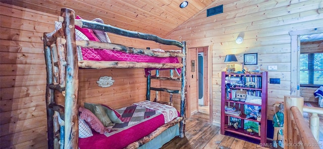 116433 S 4210th Rd, Eufaula, OK 74432 - bedroom with vaulted ceiling, wood walls, hardwood / wood-style floors, and wood ceiling