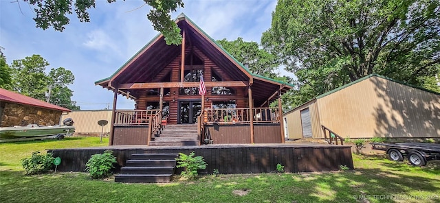 116433 S 4210th Rd, Eufaula, OK 74432 - back of house featuring a lawn, stairs, and covered porch