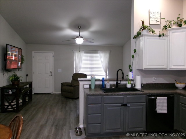 7882 E 132nd Pl S, Bixby, OK 74008 - kitchen with a sink, dishwasher, dark countertops, a ceiling fan, and white cabinets