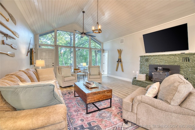 18341 W Woodhaven, Cookson, OK 74427 - living area with baseboards, wood finished floors, a stone fireplace, high vaulted ceiling, and wooden ceiling
