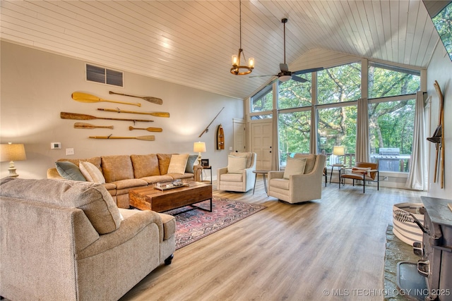 18341 W Woodhaven, Cookson, OK 74427 - living room featuring high vaulted ceiling, wood ceiling, a chandelier, and wood finished floors