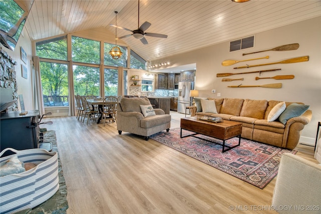 18341 W Woodhaven, Cookson, OK 74427 - living area featuring wooden ceiling, a ceiling fan, light wood-style flooring, and high vaulted ceiling