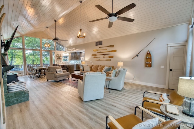 18341 W Woodhaven, Cookson, OK 74427 - living room featuring a ceiling fan, baseboards, high vaulted ceiling, light wood-type flooring, and wood ceiling