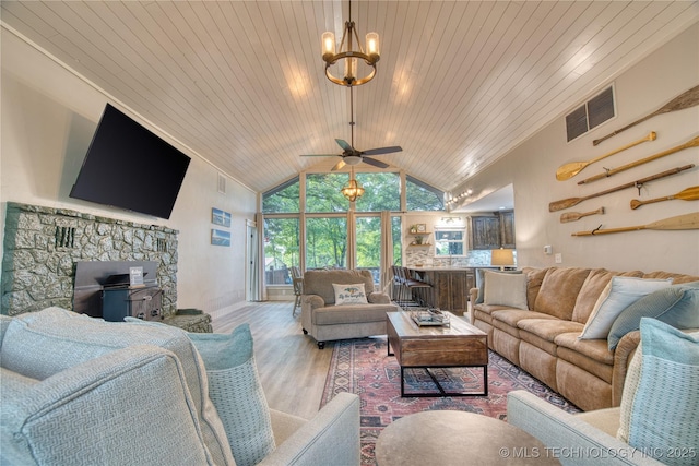 18341 W Woodhaven, Cookson, OK 74427 - living area featuring wood finished floors, high vaulted ceiling, a chandelier, ceiling fan, and wood ceiling