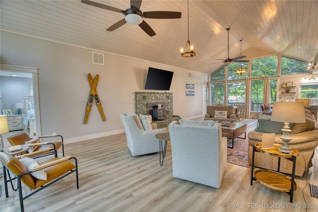 18341 W Woodhaven, Cookson, OK 74427 - living room with ceiling fan, high vaulted ceiling, baseboards, light wood-style flooring, and wood ceiling