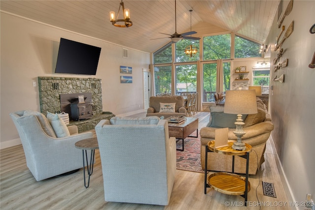 18341 W Woodhaven, Cookson, OK 74427 - living room with a ceiling fan, wood finished floors, high vaulted ceiling, a wood stove, and wood ceiling with exposed beams