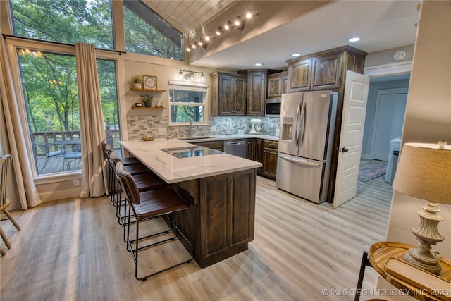 18341 W Woodhaven, Cookson, OK 74427 - kitchen featuring appliances with stainless steel finishes, a sink, a peninsula, dark brown cabinets, and light wood-style flooring