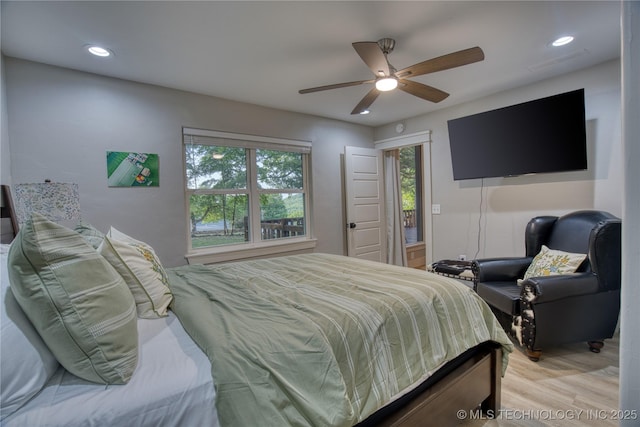 18341 W Woodhaven, Cookson, OK 74427 - bedroom with light wood-type flooring, recessed lighting, and a ceiling fan