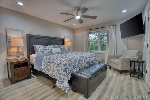18341 W Woodhaven, Cookson, OK 74427 - bedroom with light wood finished floors, recessed lighting, and a ceiling fan