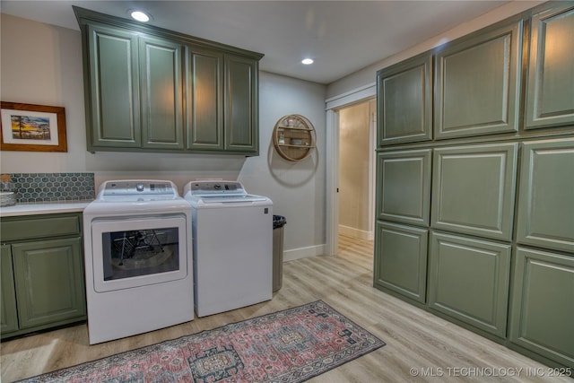 18341 W Woodhaven, Cookson, OK 74427 - laundry area featuring cabinet space, washer and dryer, light wood finished floors, baseboards, and recessed lighting