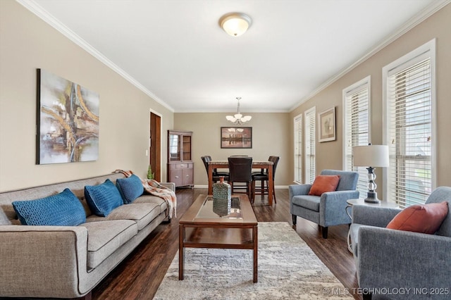 7329 E 66th Ct, Tulsa, OK 74133 - living room with dark wood-style floors, a chandelier, ornamental molding, and baseboards