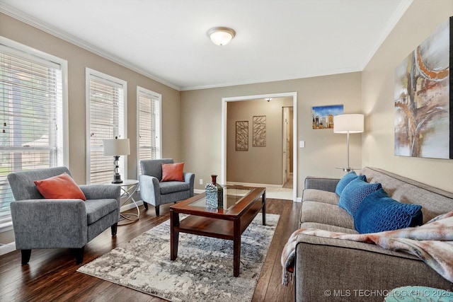 7329 E 66th Ct, Tulsa, OK 74133 - living room featuring wood finished floors, crown molding, and baseboards