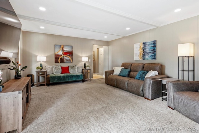7329 E 66th Ct, Tulsa, OK 74133 - carpeted living area with ornamental molding, recessed lighting, and beamed ceiling