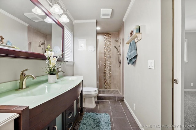 7329 E 66th Ct, Tulsa, OK 74133 - full bath featuring crown molding, double vanity, a shower stall, toilet, and baseboards