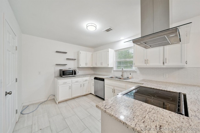 816 W Birmingham St, Broken Arrow, OK 74011 - kitchen featuring appliances with stainless steel finishes, a sink, island exhaust hood, white cabinets, and light stone counters
