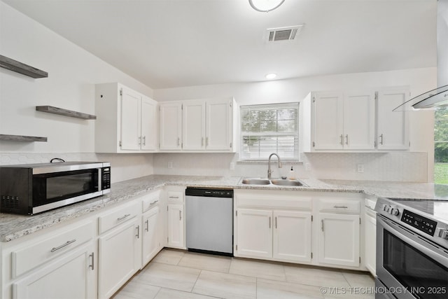 816 W Birmingham St, Broken Arrow, OK 74011 - kitchen featuring stainless steel appliances, a sink, extractor fan, white cabinetry, and light tile patterned floors
