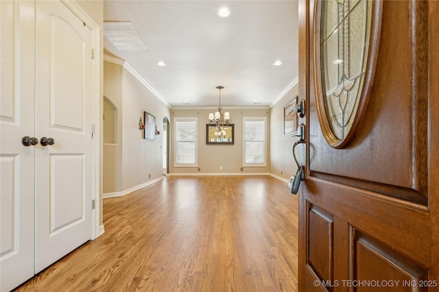 18578 S 269th E Ave, Haskell, OK 74436 - entryway featuring ornamental molding, a chandelier, baseboards, light wood-style flooring, and recessed lighting