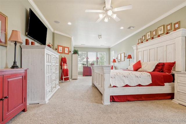 18578 S 269th E Ave, Haskell, OK 74436 - bedroom featuring light colored carpet, ornamental molding, recessed lighting, and a ceiling fan