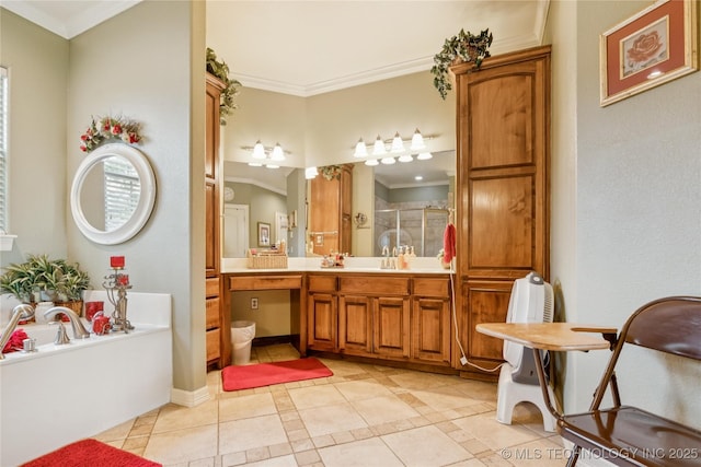 18578 S 269th E Ave, Haskell, OK 74436 - full bath featuring ornamental molding, a stall shower, tile patterned floors, vanity, and a garden tub
